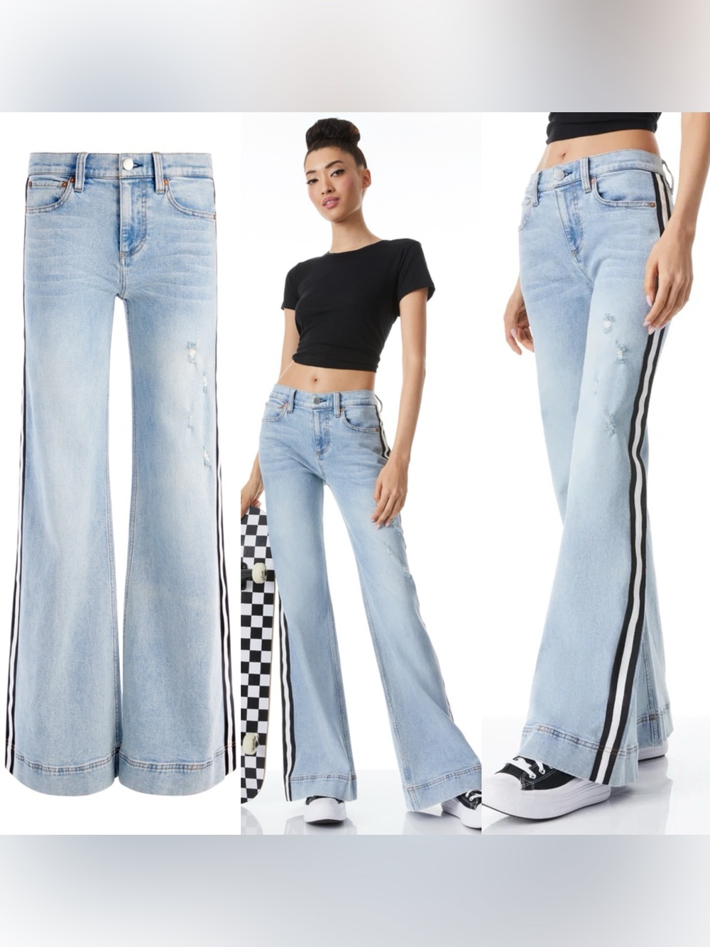 New $350 Alice + Olivia Rey Jeans  Wide Leg Black White Stripe NWT Women’s Sz 28